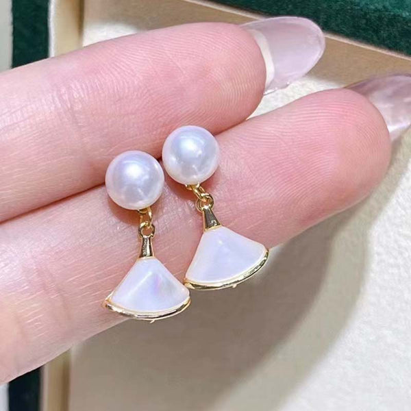 ELEISPL JEWELRY 10 Piars Fan shaped Shell & White FW Pearl Sterling silver Post Studs Earring