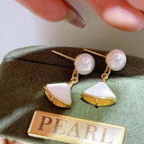 ELEISPL JEWELRY 10 Piars Fan shaped Shell & White FW Pearl Sterling silver Post Studs Earring