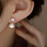 ELEISPL JEWELRY 10 Piars Fan shaped Shell & White FW Pearl Sterling silver Post Studs Earring