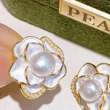 ELEISPL JEWELRY 10 Pairs Flower Style White FW Pearls Studs Earring G14KF