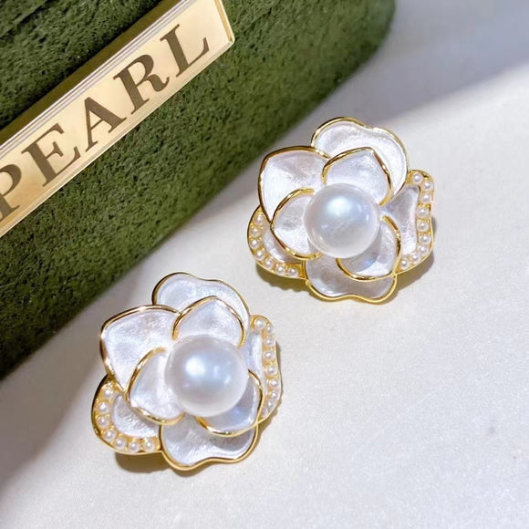 ELEISPL JEWELRY 10 Pairs Flower Style White FW Pearls Studs Earring G14KF