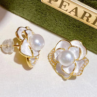 ELEISPL JEWELRY 10 Pairs Flower Style White FW Pearls Studs Earring G14KF