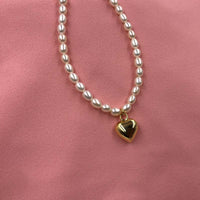 ELEISPL JEWELRY 10Qty Love Heart Shape Pendant Genuine Rice Pearls Necklace 4-5mm White Beads G14K Filled