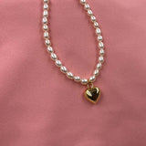 ELEISPL JEWELRY 10Qty Love Heart Shape Pendant Genuine Rice Pearls Necklace 4-5mm White Beads G14K Filled