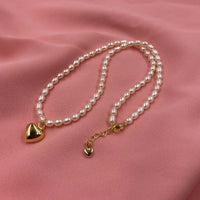 ELEISPL JEWELRY 10Qty Love Heart Shape Pendant Genuine Rice Pearls Necklace 4-5mm White Beads G14K Filled