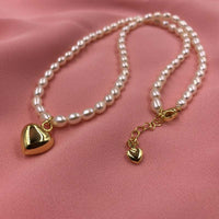 ELEISPL JEWELRY 10Qty Love Heart Shape Pendant Genuine Rice Pearls Necklace 4-5mm White Beads G14K Filled