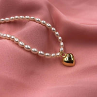 ELEISPL JEWELRY 10Qty Love Heart Shape Pendant Genuine Rice Pearls Necklace 4-5mm White Beads G14K Filled