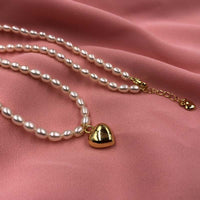 ELEISPL JEWELRY 10Qty Love Heart Shape Pendant Genuine Rice Pearls Necklace 4-5mm White Beads G14K Filled