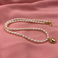 ELEISPL JEWELRY 10Qty Love Heart Shape Pendant Genuine Rice Pearls Necklace 4-5mm White Beads G14K Filled