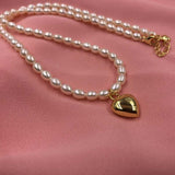 ELEISPL JEWELRY 10Qty Love Heart Shape Pendant Genuine Rice Pearls Necklace 4-5mm White Beads G14K Filled