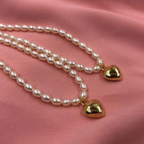 ELEISPL JEWELRY 10Qty Love Heart Shape Pendant Genuine Rice Pearls Necklace 4-5mm White Beads G14K Filled