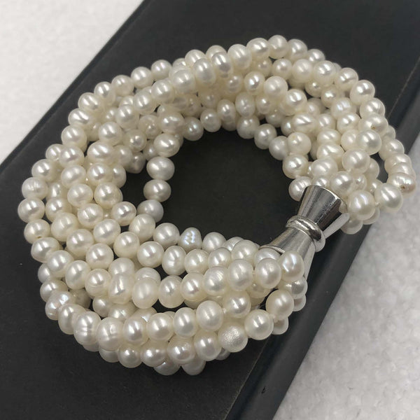 [ELEISPL]  Genuine Pearl Bracelet 8Strds 5-6MM White Magnetic Clasp 18cm Long  #22010091