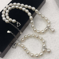 [ELEISPL]  1 Set Rice Shape White Freshwater Pearl Necklace & Bracelet  #22010167