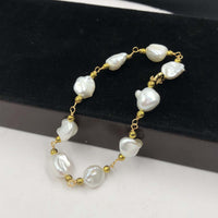 ELEISPL  14KGF 8-9mm Baroque White Pearl Golden Chain Bracelet 18-19cm #22010227