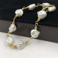 ELEISPL  14KGF 8-9mm Baroque White Pearl Golden Chain Bracelet 18-19cm #22010227