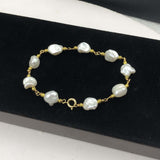 ELEISPL  14KGF 8-9mm Baroque White Pearl Golden Chain Bracelet 18-19cm #22010227