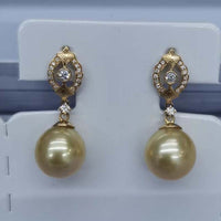 Wedding jewelry Stunning 10mm Near Round Sea Water Pearl Dangle Earring 18K GOLD Diamand