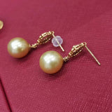 Wedding jewelry Stunning 10mm Near Round Sea Water Pearl Dangle Earring 18K GOLD Diamand