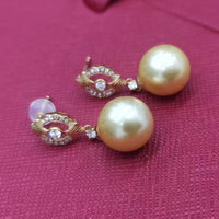 Wedding jewelry Stunning 10mm Near Round Sea Water Pearl Dangle Earring 18K GOLD Diamand