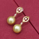 Wedding jewelry Stunning 10mm Near Round Sea Water Pearl Dangle Earring 18K GOLD Diamand