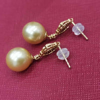 Wedding jewelry Stunning 10mm Near Round Sea Water Pearl Dangle Earring 18K GOLD Diamand