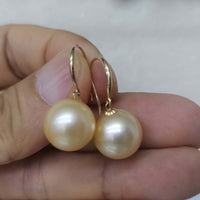 Gorgeous 18K Gold Hook Earring 11mm Round Gold Sea Water Pearl Dangle Wedding Jewelry For Women