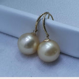 Gorgeous 18K Gold Hook Earring 11mm Round Gold Sea Water Pearl Dangle Wedding Jewelry For Women