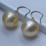 Gorgeous 18K Gold Hook Earring 11mm Round Gold Sea Water Pearl Dangle Wedding Jewelry For Women