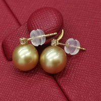 Wedding jewelry Stunning 10mm Near Round Sea Water Pearl Dangle Earring 18K GOLD Diamand