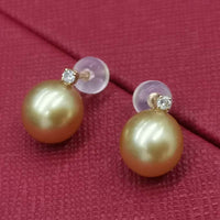 Wedding jewelry Stunning 10mm Near Round Sea Water Pearl Dangle Earring 18K GOLD Diamand