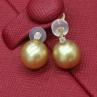 Wedding jewelry Stunning 10mm Near Round Sea Water Pearl Dangle Earring 18K GOLD Diamand