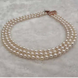 Elegant Top Rice Pearl Necklace Choker 3Strands Clasp 6mm Wedding Jewelry