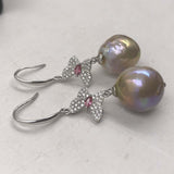 ELEISPL 1 Pairs 12-13mm Baroque Round Rainbow Kasumi Pearl Dangle Earring Butterfly  #22010402-12