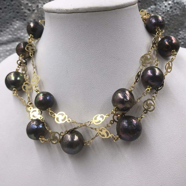 [ELEISPL] 94CM Sweater Chain 11-12mm Near Round Black Pearl Necklace #22010402-16