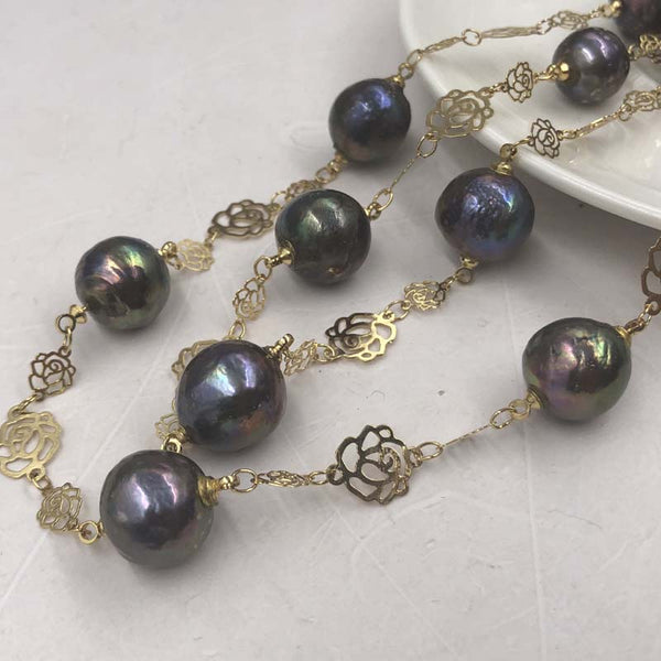 ELEISPL JEWELRY  88CM Long Style 12-12mm Black FW Pearls Necklace Sweater Chain #22010402-3