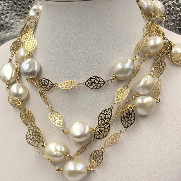 ELEISPL  136CM Sweater Chain 12-13MM White Baroque Pearls Necklace  #22010402-6