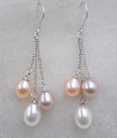 Free shipping fine 3lines drop/dangle freshwater pearl earring