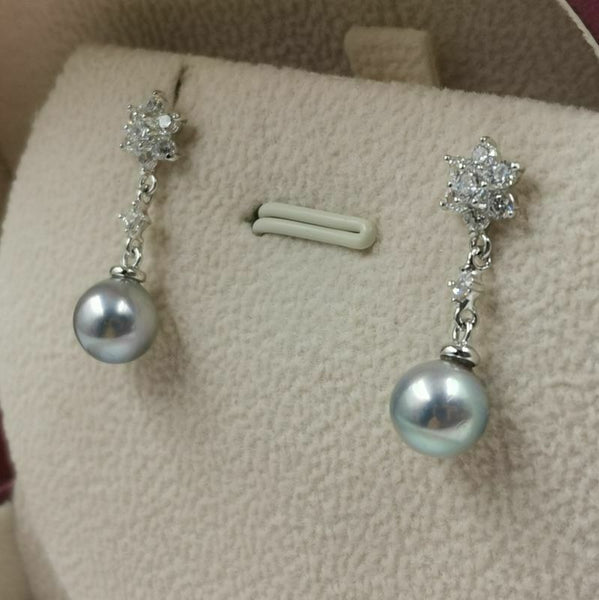 sterling silver 7mm grey near round Akoya pearl dangle earring