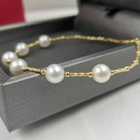 Gorgeous G18K gold AAA round White real Pearl Bracelet Women's Jewelry