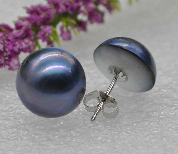 AAAA 12.5-14.5mm 925s blue black Mabe pearl stud earring