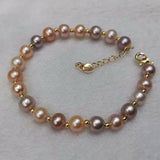 Natural color 7mm near round freshwater pearl braceelt golden chain