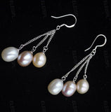 Free shipping fine 3lines drop/dangle freshwater pearl earring