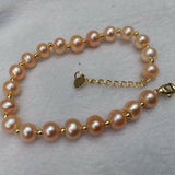 Natural color 7mm near round freshwater pearl braceelt golden chain