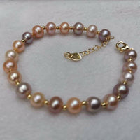 Natural color 7mm near round freshwater pearl braceelt golden chain