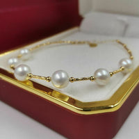 Gorgeous G18K gold AAA round White real Pearl Bracelet Women's Jewelry