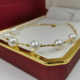 Gorgeous G18K gold AAA round White real Pearl Bracelet Women's Jewelry