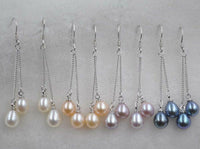 wholesale 4 Pairs 7-8mm drop genuine freshwater pearl dangle earring long s925