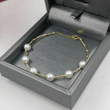 Gorgeous G18K gold AAA round White real Pearl Bracelet Women's Jewelry