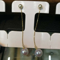 AAA 8.5mm round Akoya pearl dangle earring G18K Chain studs with certificate