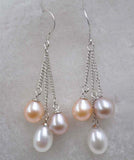 Free shipping fine 3lines drop/dangle freshwater pearl earring